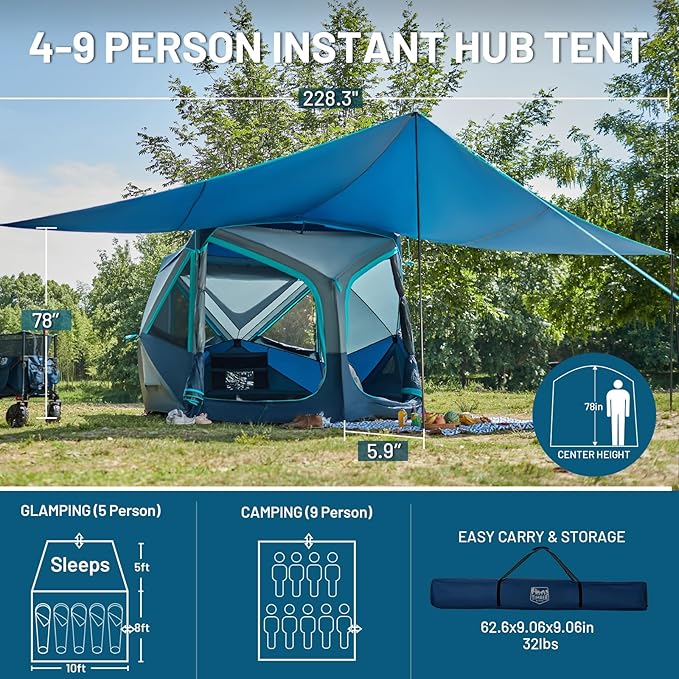 TIMBER RIDGE 4/6/8 Person Instant Pop Up Cabin Tent, Easy 60 Second Setup, Weather Resistant Camping Family Hub Tent with Rain Fly and Carry Bag for Outdoor Camping