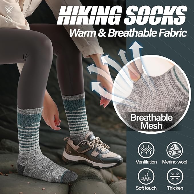 ANTSANG Merino Wool Hiking Socks for Men & Women 5 Pairs Thermal Warm Winter Thick Cushion Moisture Wicking Crew Boot Socks