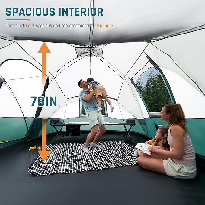 8/10/11 Person Camping Tent with Porch, Large Family Tents for Outdoor Camping, Big Dome Tent Includes Rainfly, Reflective Windproof Rope, Large Vestibule
