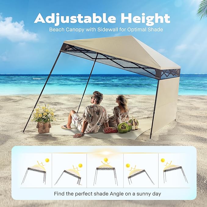 VIVOHOME 8x8ft Pop-Up Canopy Tent with Central Lock Design, Slant Legs, Backpack, and Side Wall, Portable Shelter for Camping, Party, Yard, and Beach Events, Beige