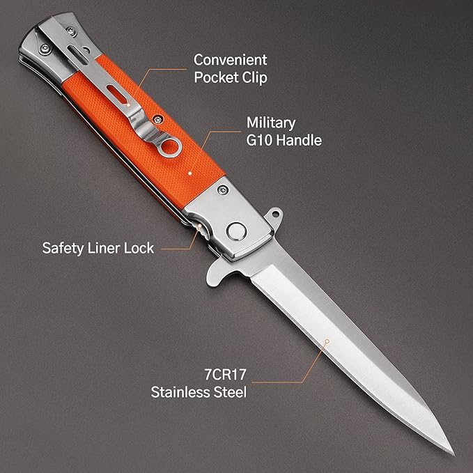 GVDV Folding Pocket Knife with G10 Handle, 7Cr17 Stainless Steel EDC Knife with Safety Liner-Lock, Camping Hunting Survival Knife for Men Women, Orange