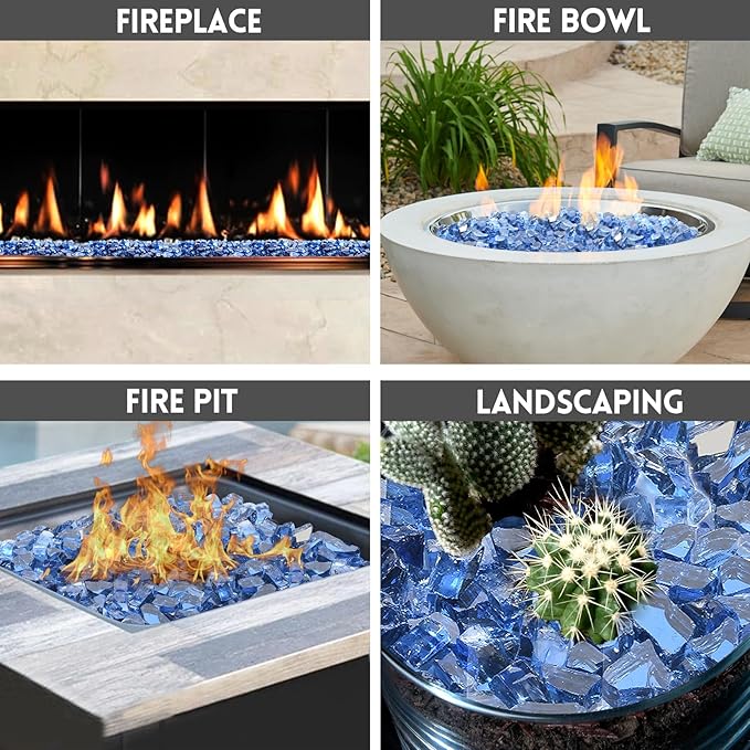 Blue Fire Pit Glass, 20 Pounds High Luster Reflective Tempered Glass Rocks, 1/2 Inch Firepit Rocks for Firepit Table, Propane Fireplaces, Fire Bowls