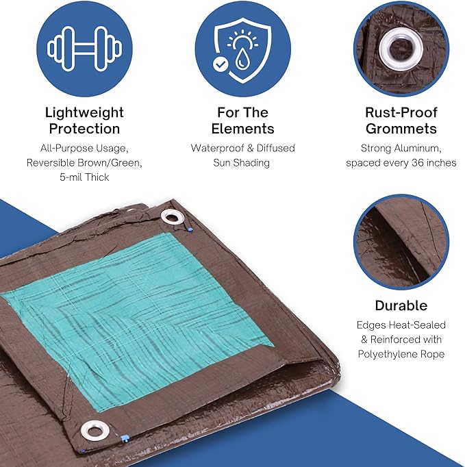 Kotap 30 x 50 Ft. All-Purpose Multi-Use Protection/Coverage 5-mil Poly Tarp, Reversible, Waterproof, Brown/Green, (TBG-3050)