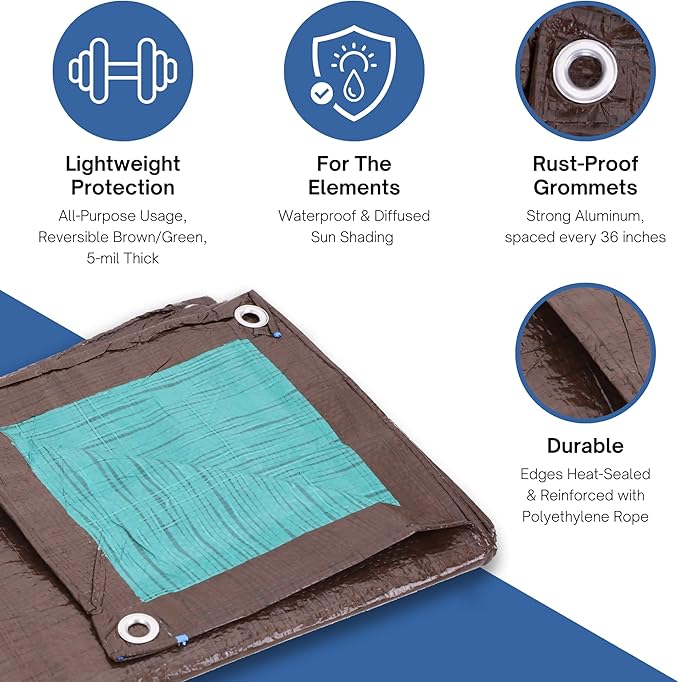 Kotap 20 x 40 Ft. All-Purpose Multi-Use Protection/Coverage 5-mil Poly Tarp, Reversible, Waterproof, Brown/Green, (TBG-2040)