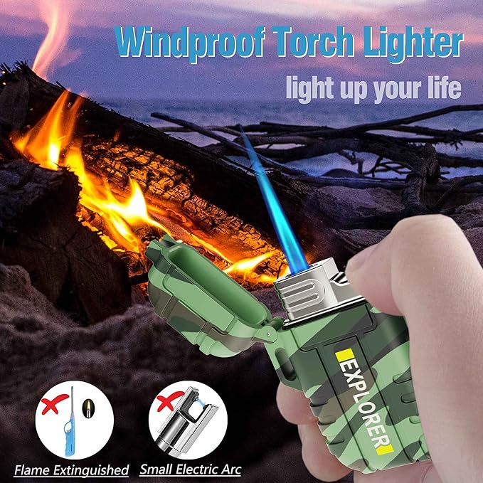Torch Lighter, Refillable Butane Windproof Outdoor Gas With Adjustable Jet Flame, for Fireplace Fireworks Grill Camping BBQ, Gifts for Men - Camouflage (Without Gas)
