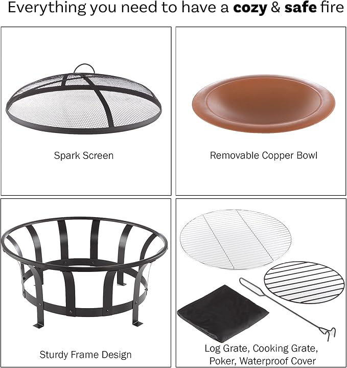 Pure Garden Outdoor Fire Pit - 30” Wood Burning Firepit with High-Temp Copper Finish, Screen, Poker, and Grate - Fire Pits & Outdoor Fireplaces