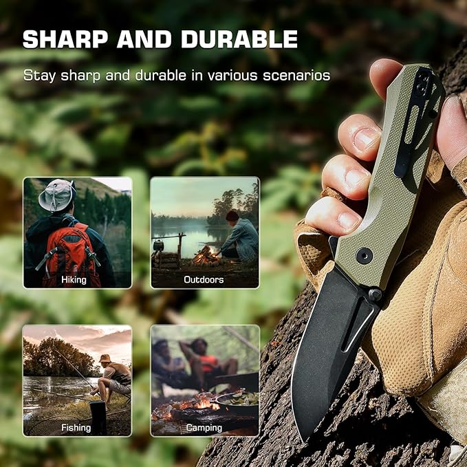 EDC Pocket Knife Rhino,3" D2 Steel Blade Durable G10 Handle, Folding Pocket Knives with Reversible Pocket Clip, Sharp Camping Hiking Pocket Knife for Men