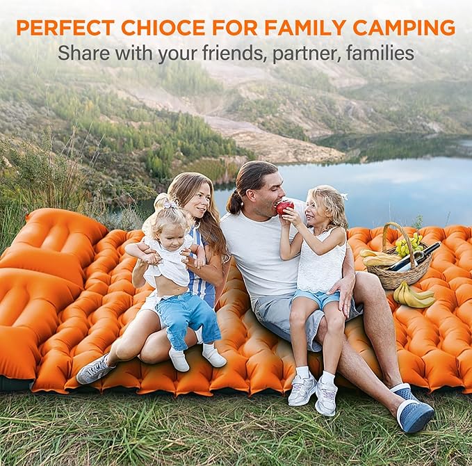 Double Size Camping Sleeping Pad - 4 Inch Self Inflating Air Mattress for Couples, Built-in Foot Pump & Pillow, Extra Thick Waterproof Sleeping Mat for Tent, Outdoor Travel—Orange