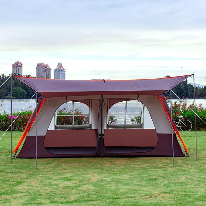 KTT Extra Large Tent 12 Person(A),Awning Family Cabin Tents,2 Rooms,3 Doors and 3 Windows with Mesh,Straight Wall,Waterproof,Double Layer,Big Tent for Outdoor,Picnic,Camping,Family Gathering。