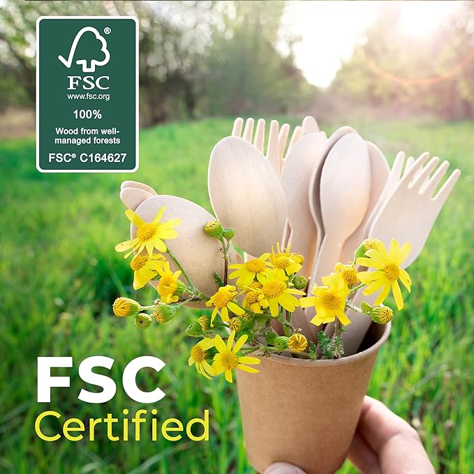 Disposable Wooden Cutlery Set - 300 Count (100 Forks, 100 Knives, 100 Spoons) – Plastic-free Packaging - Biodegradable Silverware and Splinter-free Compostable Utensils for Parties