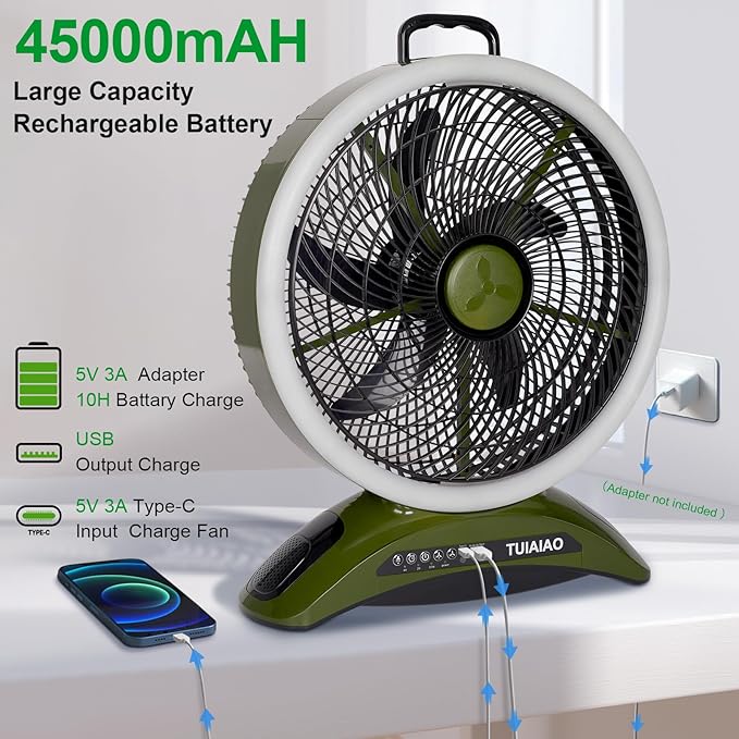 Extra Large Size Camping Fan, 45000mAh Battery Rechargeable Portable Fan, 12-Inch Blade & 830CFM Super Airflow, Ring LED, Cordless for Outdoor Large BBQ RV Tent Garage Hurricane Emergencies & Indoor