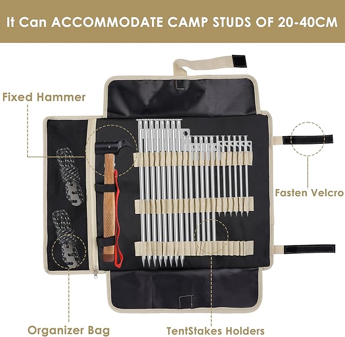 Camping Stake Storage Organizer - Waterproof Oxford Bag for Tent Pegs and Hammer, Camping Accessories, Storage Kit for Hiking, RV Travel (Black)