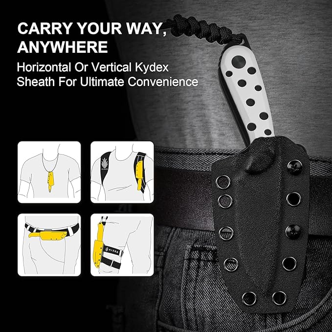 Kizer Buddy Fixed Blade Knife, 3" Nitro-V Steel Camping Knife with Black & White G10 Handle, Compact EDC Fixed Blade Knives with Sheath for Hiking & Camping 1081A3