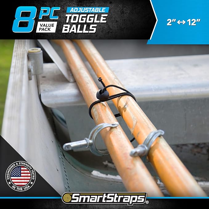 SmartStraps Adjustable Toggle Ball Bungee Cord, Adjust Tension And Length From 2-12” – Great To Keep In Your Car, Boat And Workshop (pack of 8)