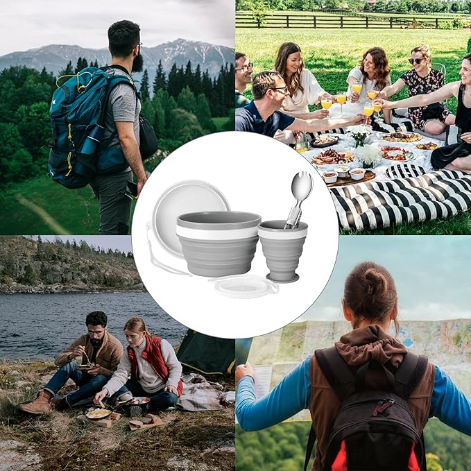 Odoland Camping Collapsible Silicone Cup and Bowl Set, Portable Mess Kit with Stainless Steel Spork and Lid for 1 Person Backpacking, Family Cookware, Hiking, Picnic, Travel