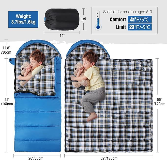 REDCAMP Kids Mummy Sleeping Bag for Camping, 3 Season Cold Weather Sleeping Bag Fit Boys,Girls & Teens, Blue/Rose Red