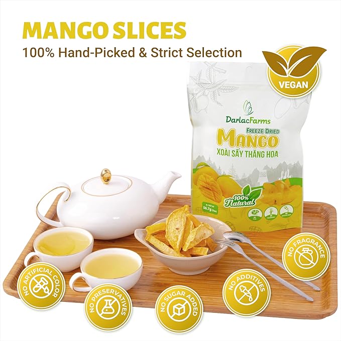 DARLAC FARMS Freeze Dried Mango Slices, Pack 6, No Sugar Added, Healthy Fruit Snacks for Kids, Adults & All Ages, Premium Organic Crispy Crunchy Snacks, Tea, Baking, Smoothie, Yogurt, 2 Oz Each