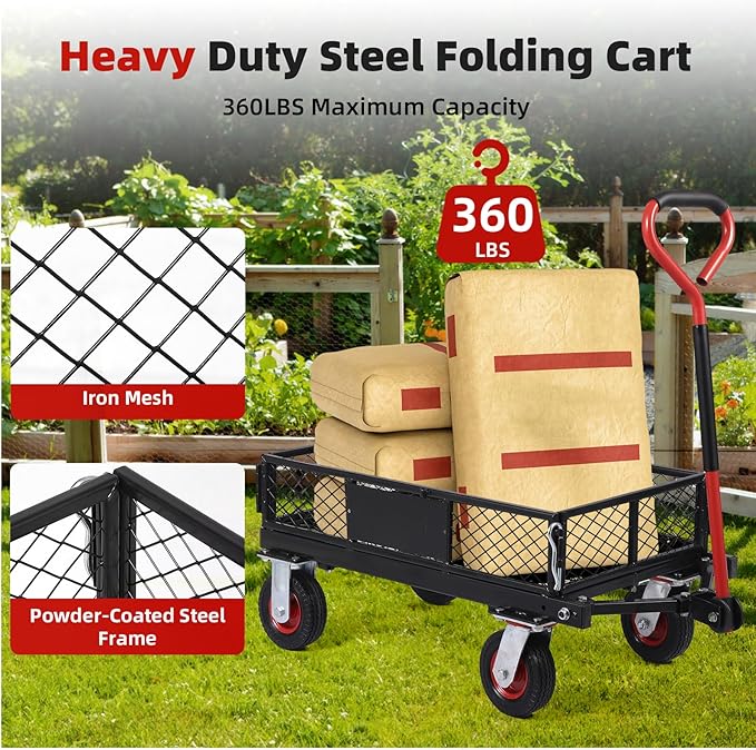 Collapsible Foldable Steel Garden Cart 360lbs, Heavy Duty Folding Utility Wagon Cart w Removable Mesh Sides, All-Terrain Wheels & 180° Rotating Handle for Camping Shopping