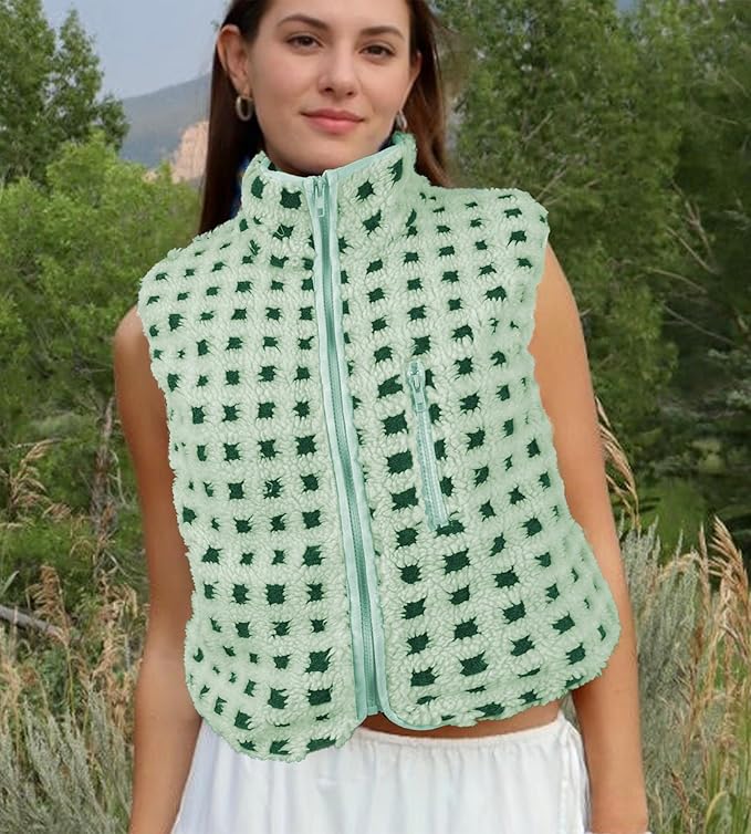 Colorful world Womens Checkered Sherpa Vest Fleece Jacket Lightweight Zip Up Sleeveless Crochet Plaid Gilet with Pocket
