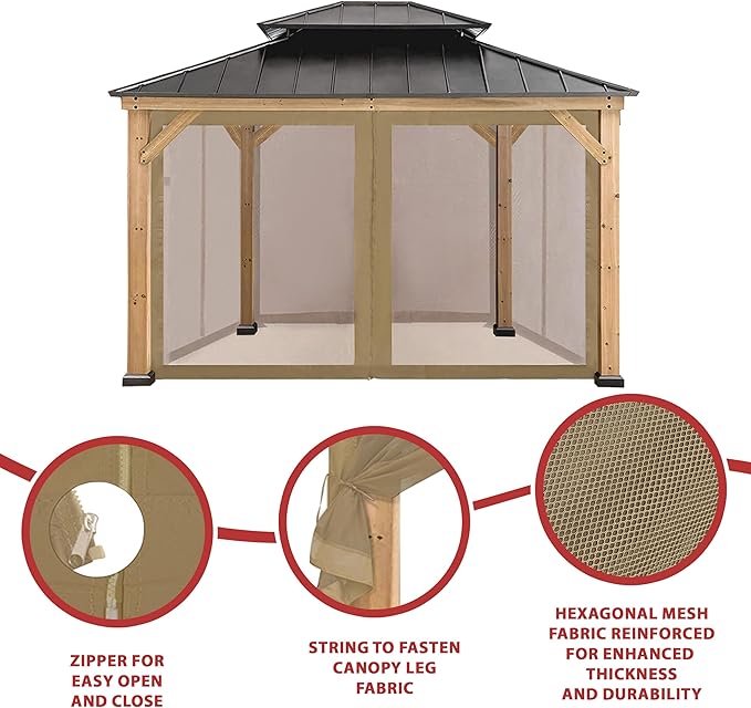 Coastshade Gazebo Canopy Mesh Walls Replacement 8x8 Gazebo Pergola Mosquito Screen Netting for Gazebos with 42Curtain Rings & 42Rail Hooks,Khaki
