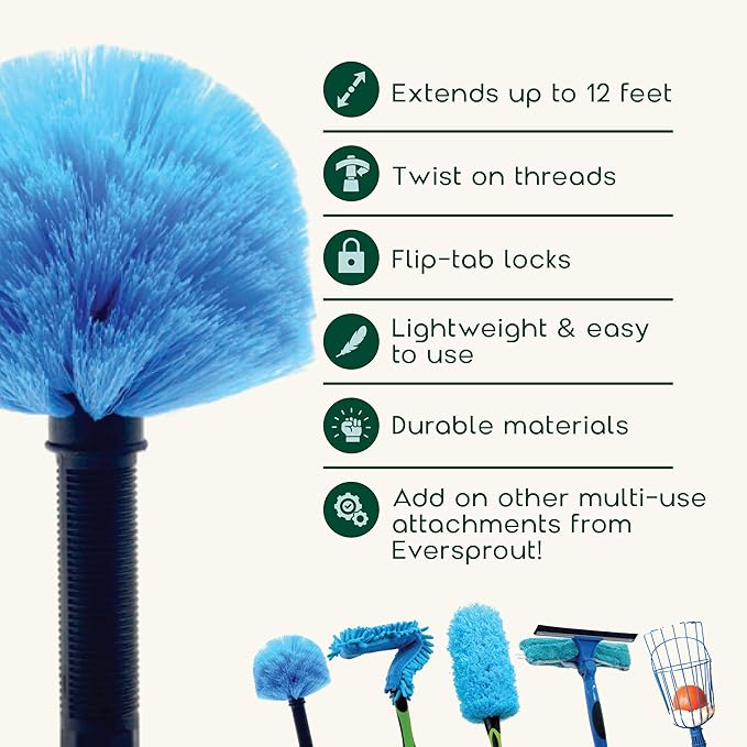 EVERSPROUT 8-10 Feet Standing Reach | 1.5-to-3 Foot Cobweb Duster and Extension-Pole Combo & Lightweight 3-Stage Aluminum Pole | Hand-Packaged Indoor/Outdoor Use Brush Attachment