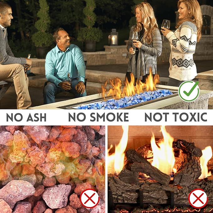 Blue Fire Pit Glass, 10 Pounds High Luster Reflective Tempered Glass Rocks for FirePit Table, Propane Fireplaces, Fire Bowls, 1/2 Inch