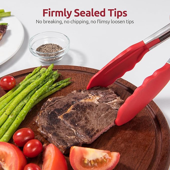 600ºF Heat Resistant Kitchen Tong: U-Taste 7 inch Silicone Cooking Tong with Firm Sealed Non Stick Rubber Tips & Silicon Coated 18/8 Stainless Steel Handle & Smooth Locking for Serving Salad (Red)