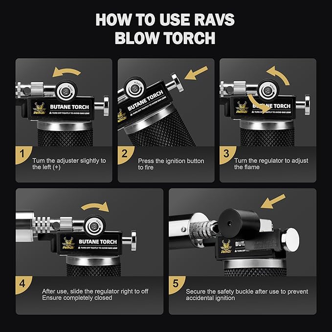 RAVS Butane Torch Lighter, Refillable Butane Kitchen Torch with Safety Lock and Adjustable Flame, Creme Brulee Torch for Baking, BBQ, Blow Torch for Cooking, Black, Butane Gas Not Included