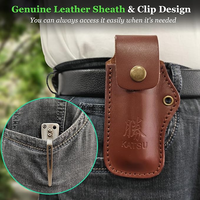KATSU Handmade Full Damascus Pocket Knife,3" Damascus Blade Bamboo Style Men Women Folding Knife with Clip Linner Lock, Japanese Razor Work Knife with Leather Sheath Camping Hiking