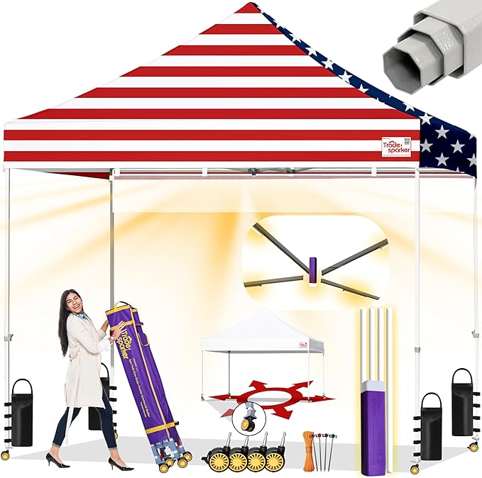 Tradesparker 10x10 Pop Up Canopy Tent,Easy up Commercial Canopy Tent Instant Shelter for Beach Events Parties Camping Market,Pop Up Canopies with LED Curtain+Casters+Weight+Stakes