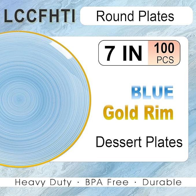 100PCS Transparent Blue Gold Plastic Plates, 7 Inch Heavy Duty Disposable Dessert Plate with Gold Rim, Round Appetizer/Salad Plates for Wedding, Party, Camping, Picnic