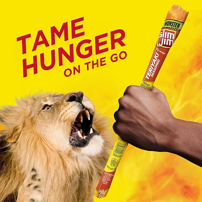 Slim Jim Monster Smoked Meat Sticks, Teriyaki Flavor, High Protein, 1.94 oz. (18 Count)