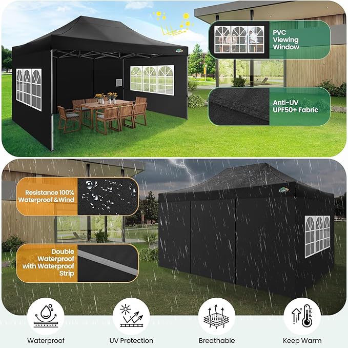 COBIZI 10x15 Heavy Duty Pop up Canopy Tent with 4 sidewalls Commercial Outdoor Canopy Wedding Party Tents for Wedding All Season Wind & Waterproof Gazebo with Carry Bag, Black(Frame Thickened)