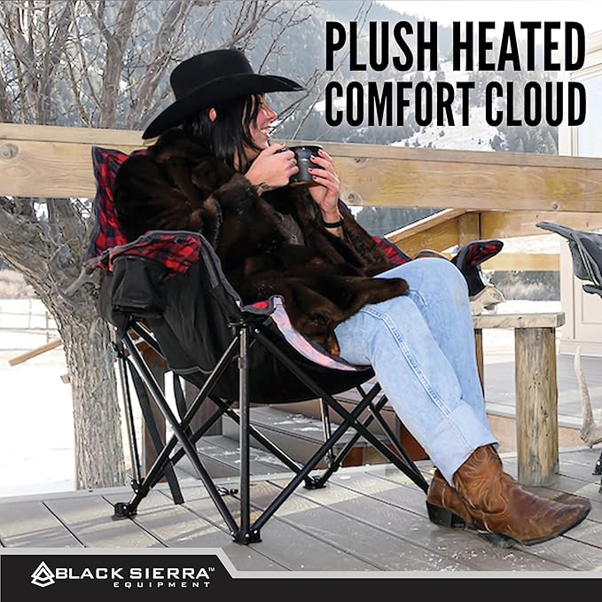 Black Sierra Heated Camping Chair for Adults, Oversized Outdoor Seat with Plush Padding, Supports 400lbs, Cup Holders and Carry Bag, Heavy Duty Folding Chair for Tailgating, Patio, or Sideline Comfort