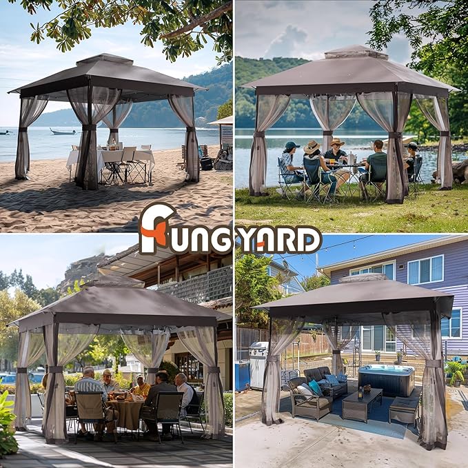 Outdoor Pop Up Gazebo 10x10 - Instant Canopy Tent with Mosquito Nettings, Double Roof Vented Gazebos Tents Shelter for Backyard Shade Party Garden Lawns (Brown, 10x10)