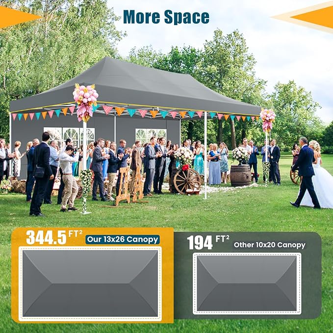 HOTEEL 13x26 Heavy Duty Pop Up Canopy Tent for Parties Event Wedding Commercial Instant Gazebo with Roller Bag, Party Tent Waterproof UV 50+&Windproof, Upgraded Thick Hexagonal Legs, Gray