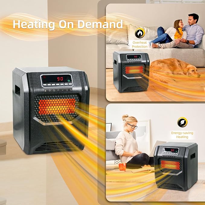 Comfort Portable Quart Infrared Heater for Indoor Use Realsmart 1500 W 3 Heating Mode LCD Display Remote Control Overheat Tip Over Protection Safe Electric Heaters for Large Rooms