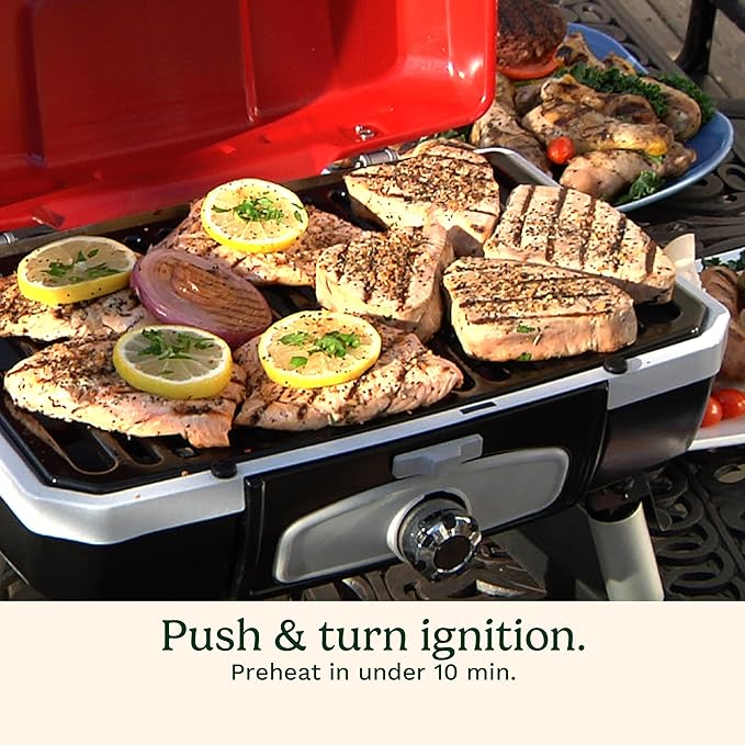 Cuisinart Petite Gourmet Portable Gas Grill, Compact Portable Grill Propane, 150 Sq. In. Cooking Surface, 5,500 BTU Burner Small Gas Grills for Camping, BBQ, Folding Legs and Carry Handles, Red