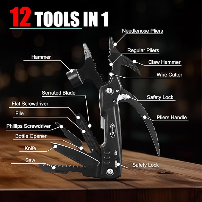 RoverTac Dad Tool Gift Set, 12-in-1 Multitool Hammer, Flashlight & Utility Knife in a Gift Box with "BEST DAD EVER", Unique & Practical Gift for Dad on Father’s Day, Birthday, Christmas & Retirement