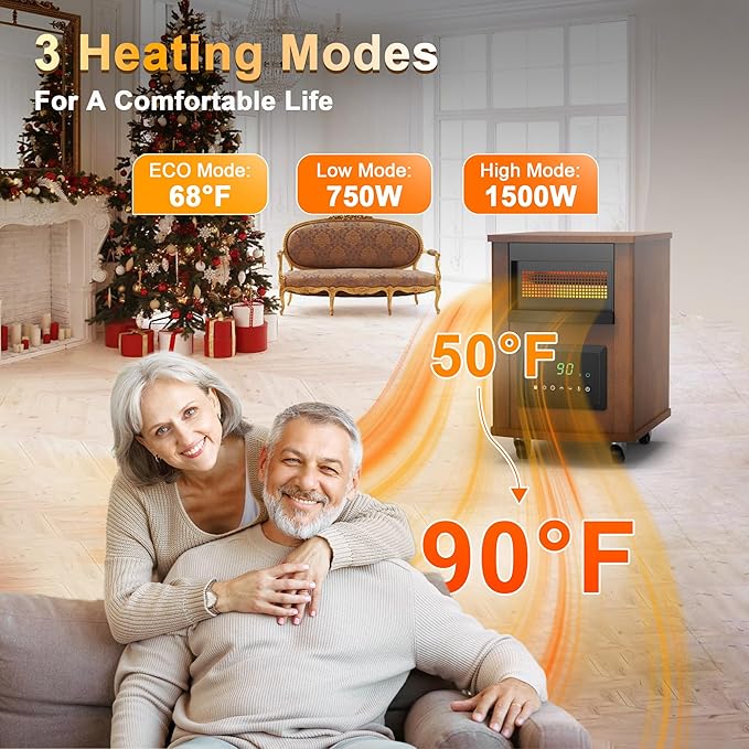 1500W Realsmart Space Infrared Heater for Indoor Use Large room Electric Quartz Heater with Remote Control Wheels LCD Display 3 Heating Modes 12H Timer Overheat Tip Over Protection Safe Coffe Brown