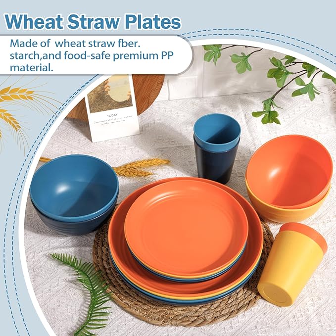 Supernal Unbreakable Dinnerware Set, 16 Pcs Plates and Bowls Sets of 4,Plastic Plates Reusable, Plastic Dish Set for Camping & Apartment, Dishwasher Safe, Kitchen Essentials(Four Color Matching)