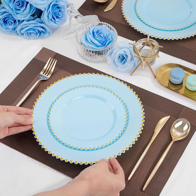 EI 60pcs Blue Plastic Plates,Dispoable Heavy Duty Plastic Plates with Gold Rim,Baby Blue Dessert/Dinner Plate,Fancy Elegant Plate for Party,Birthday,Afternoon Tea