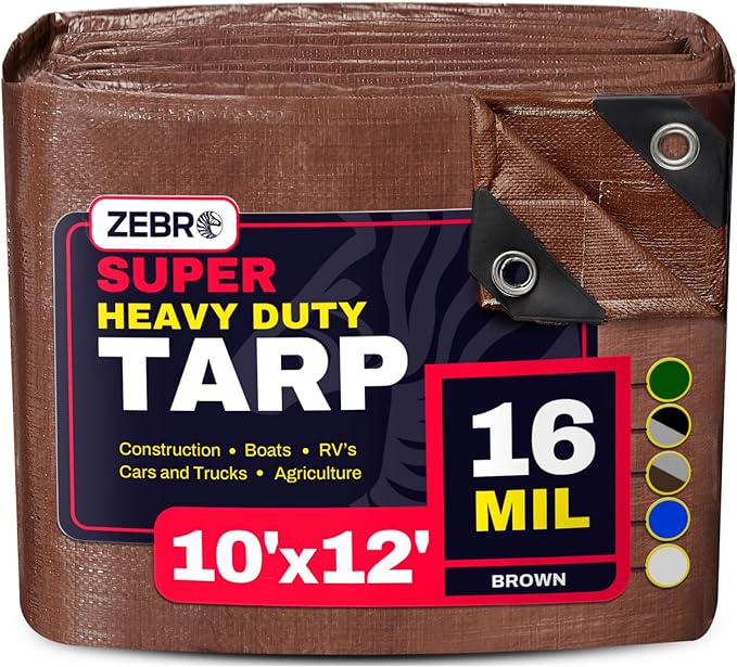10' x 12' Brown Heavy Duty Tarp with Grommets Reinforced - 16 Mil Thick - Double Sided Plastic Tarps Waterproof - Large Tarpaulin Cover for Outdoor Camping Over/Under Tent Tarp RV Roof Rain - Zebro