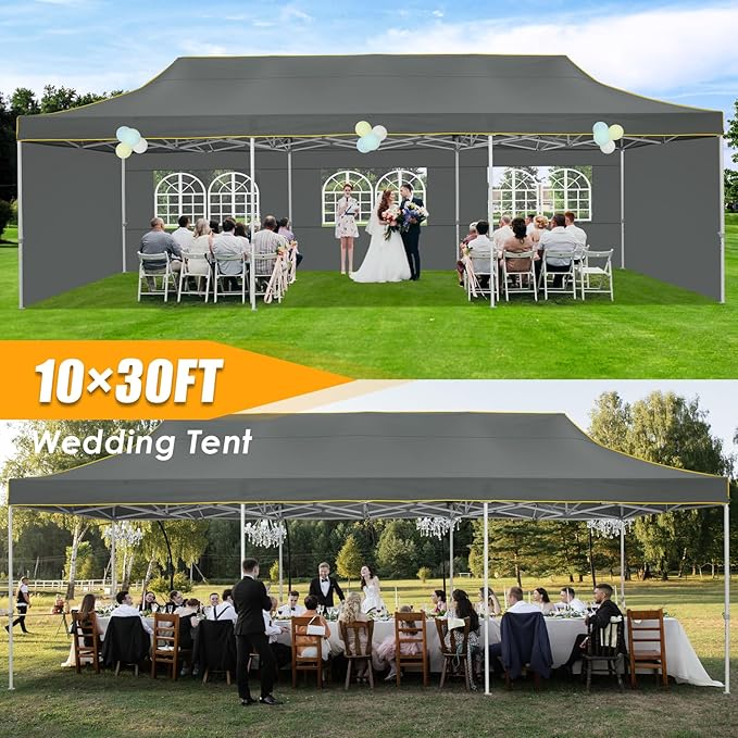HOTEEL Tents for Parties 10x30 Heavy Duty Pop Up Canopy Tent with 5 Sidewalls&Wheeled Bag, Commercial Event Party Tent Wedding Instant Canopy Waterproof, UV 50+, Upgraded Thicked Hexagonal Legs, Gray