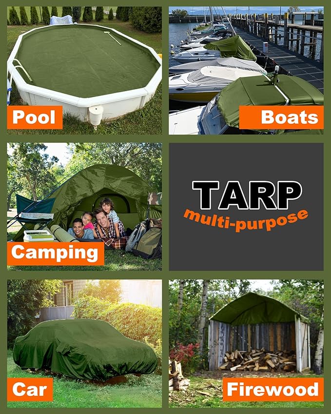 1 Pcs Large Waterproof Tarp 10 x 12 ft Heavy Duty 5.5 Mil Thick Poly Tarpaulin with Grommets Multipurpose Protective Cover for Summer Home Boats Cars Camping RV Pool Tent