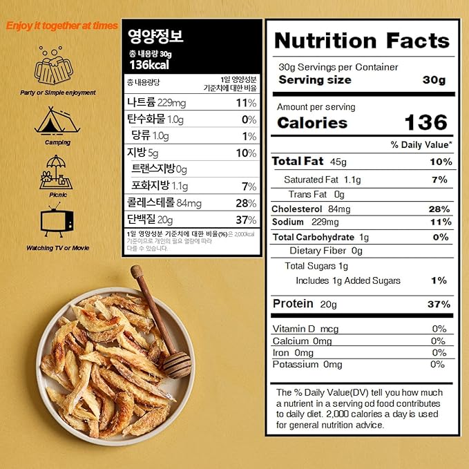 Kanggojip Korean Deliciously Roasted Dried Pollack Meoktae,๋จนํ, Honey Butter Flavor Seasoning, Bite Sized, Ready to Eat, Great for Parties, Camping, Travel, or as a Snack or Bar Food_1.05oz (30g) x 5ea