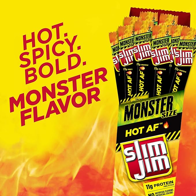 Slim Jim Monster Smoked Meat Sticks, Hot AF Flavor, High Protein, 1.94 oz. (18 Count)