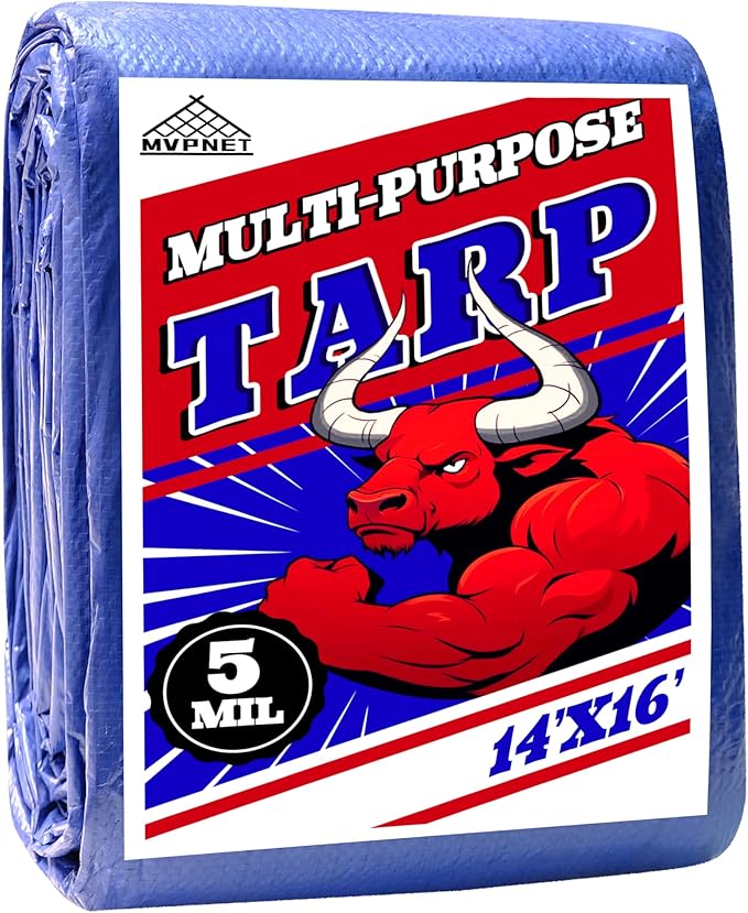 Tarp 14x16 ft 100% Waterproof Uv Resistant High Durability Multipurpose 5mil Blue Tarp for Covering Courtyards, Cars, Camping, Gardens, Pet Nests -by MVPNET