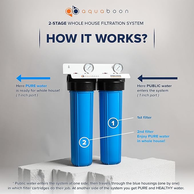2-Stage Whole Home Water Filtering System Chlorine & Sediment Reducing, 20x4.5 GAC & Sediment Filters Included with Gauge & Release, Wrench, Bracket