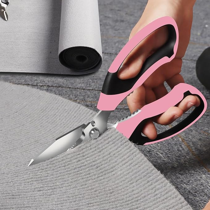 Heavy Duty Scissors Multipurpose - Sharp Utility Scissors All Purpose, Easy Cutting Carpet, Cardboard, Wires, Leather, Fabric(8'' Pink)